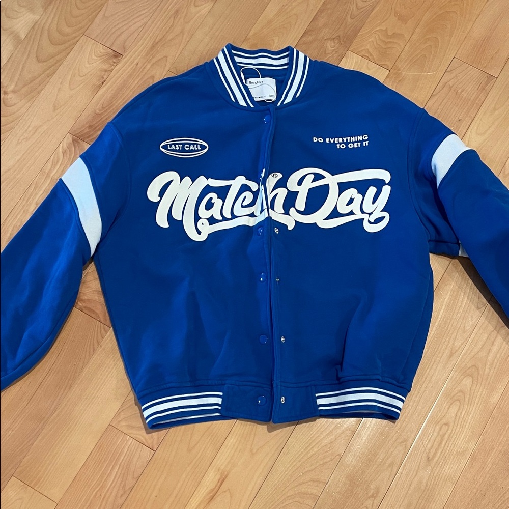 Bershka Blue and White Varsity Jacket
